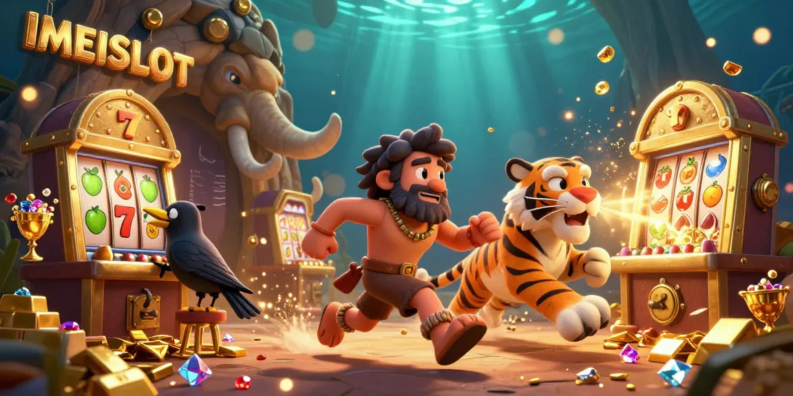 IMEISLOT animated casino scene with a caveman and sabertooth tiger playing slots and surrounded by treasures.