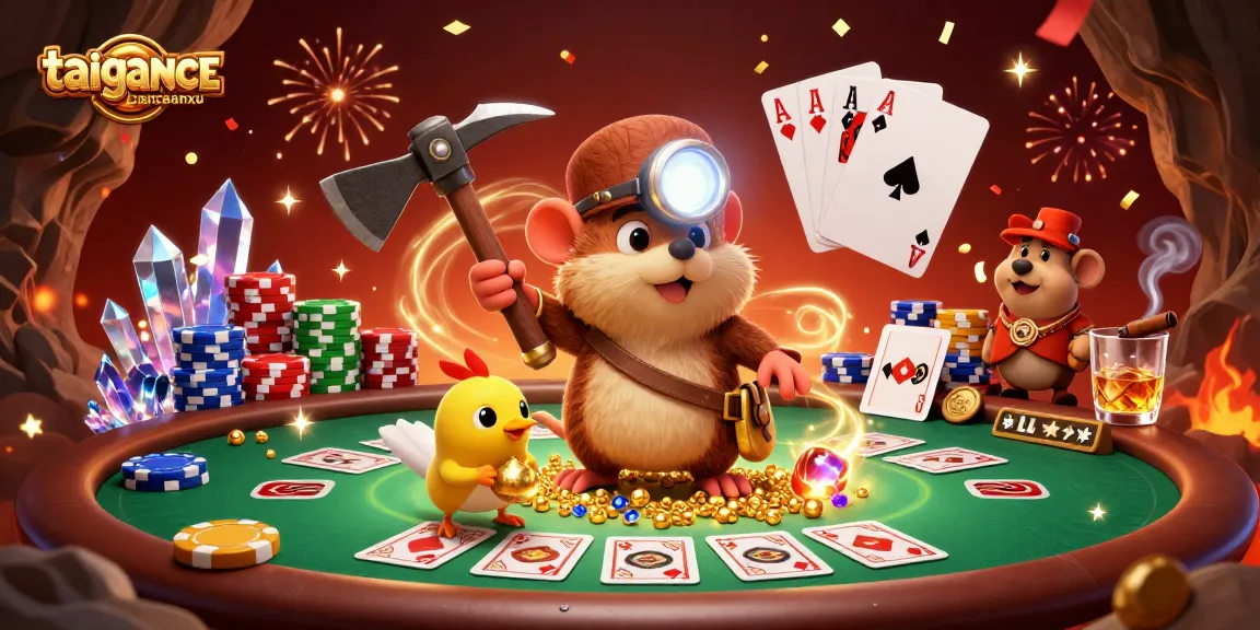 Join the taigamebancaanxu adventure with a treasure hunter mole and poker elements in a vibrant cave.
