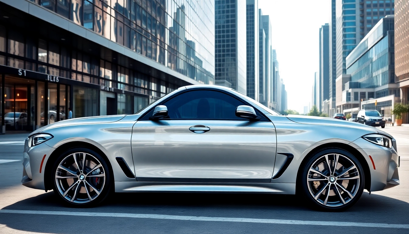 Showcasing a Luxury BMW car with sleek design and urban setting for a sophisticated appeal.
