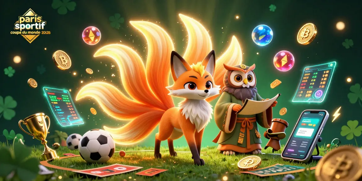 Pari sportif Coupe du monde 2026 avec un renard à neuf queues et un hibou sage entourés de ballons de sport.