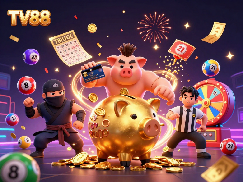 Experience excitement at TV88 with a vibrant 3D illustration of a golden piggy bank sumo wrestler amidst gambling elements.
