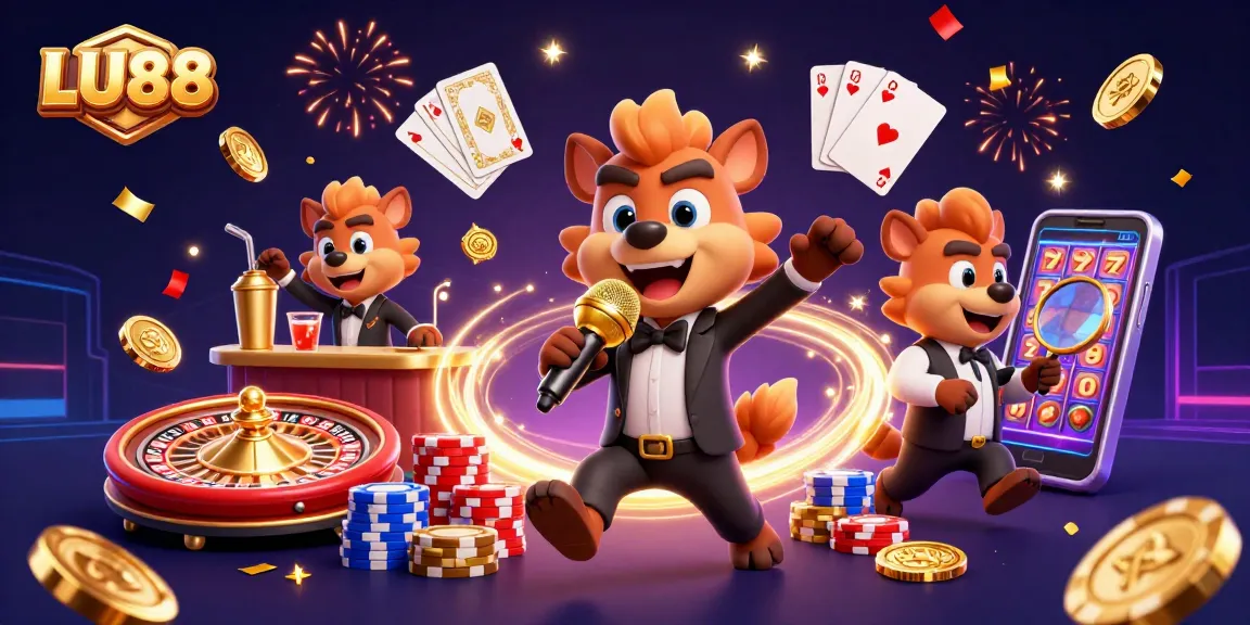 LU88 hyenas entertaining at a lively casino, showcasing vibrant casino elements.