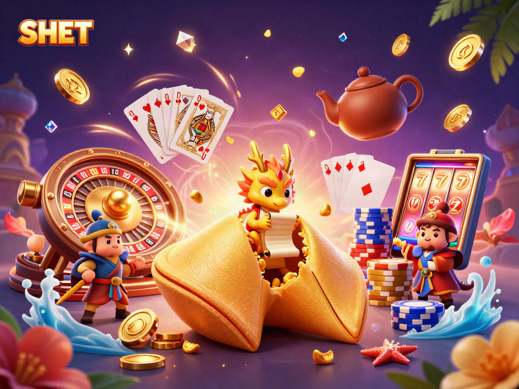 Experience the magic of SH BET with a vibrant casino-inspired scene featuring dynamic game elements and fantasy characters.