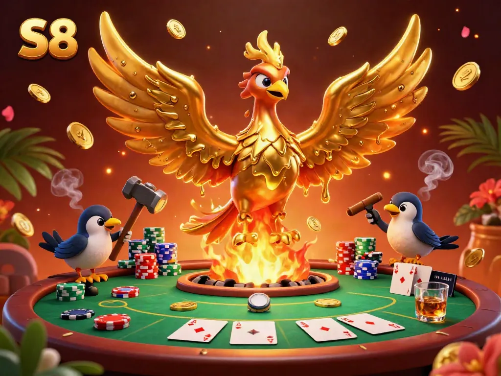 S8 offers dynamic casino excitement with golden phoenix and poker elements in an engaging 3D illustration.