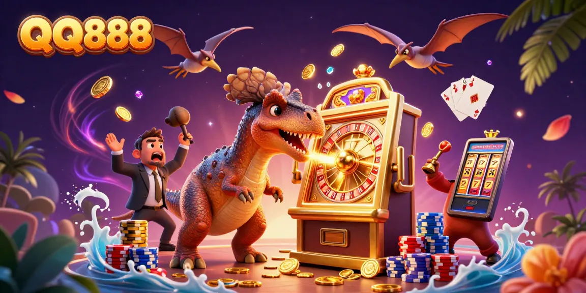 Experience the excitement of QQ888 with a cartoon pachycephalosaurus jackpot explosion, showcasing casino thrills!