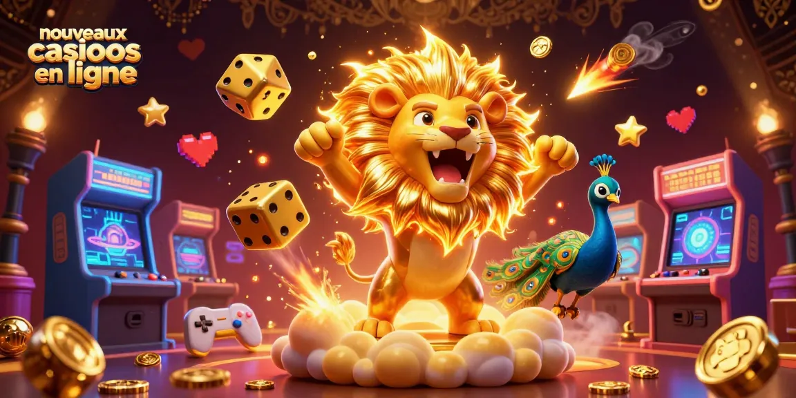 Découvrez les nouveaux casinos en ligne avec un lion ensoleillé et des dés dorés dans un décor vibrant.
