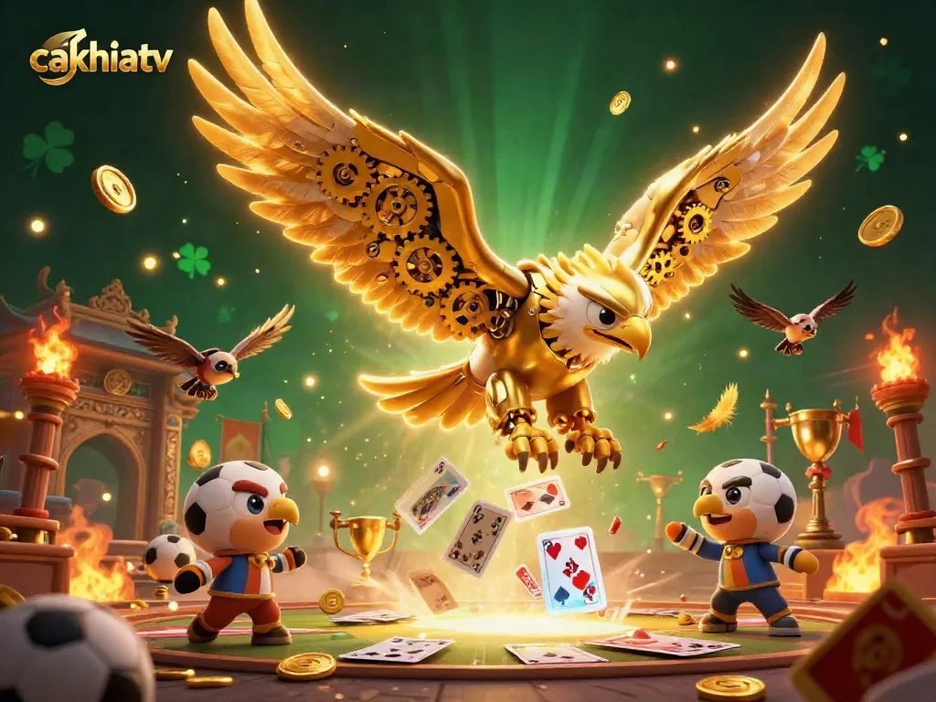 Cakhiatv showcases a 3D golden eagle navigating a vibrant sports betting scene packed with dynamic elements.