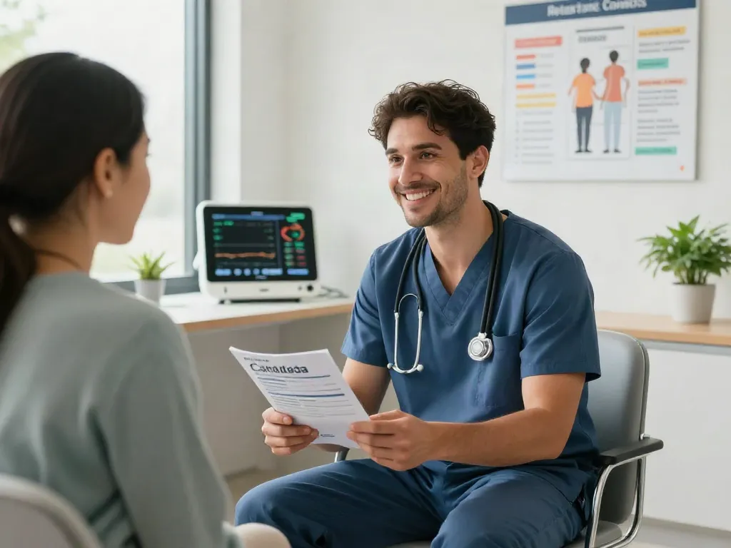 Consultation about Retatutude Canada in a modern health clinic with medical professional and patient.