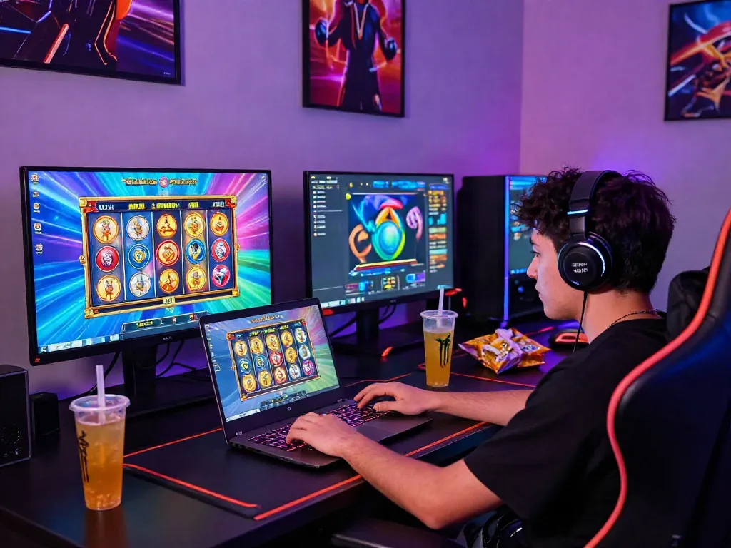 Player enjoying slot gacor games on a laptop in a vibrant gaming setup.