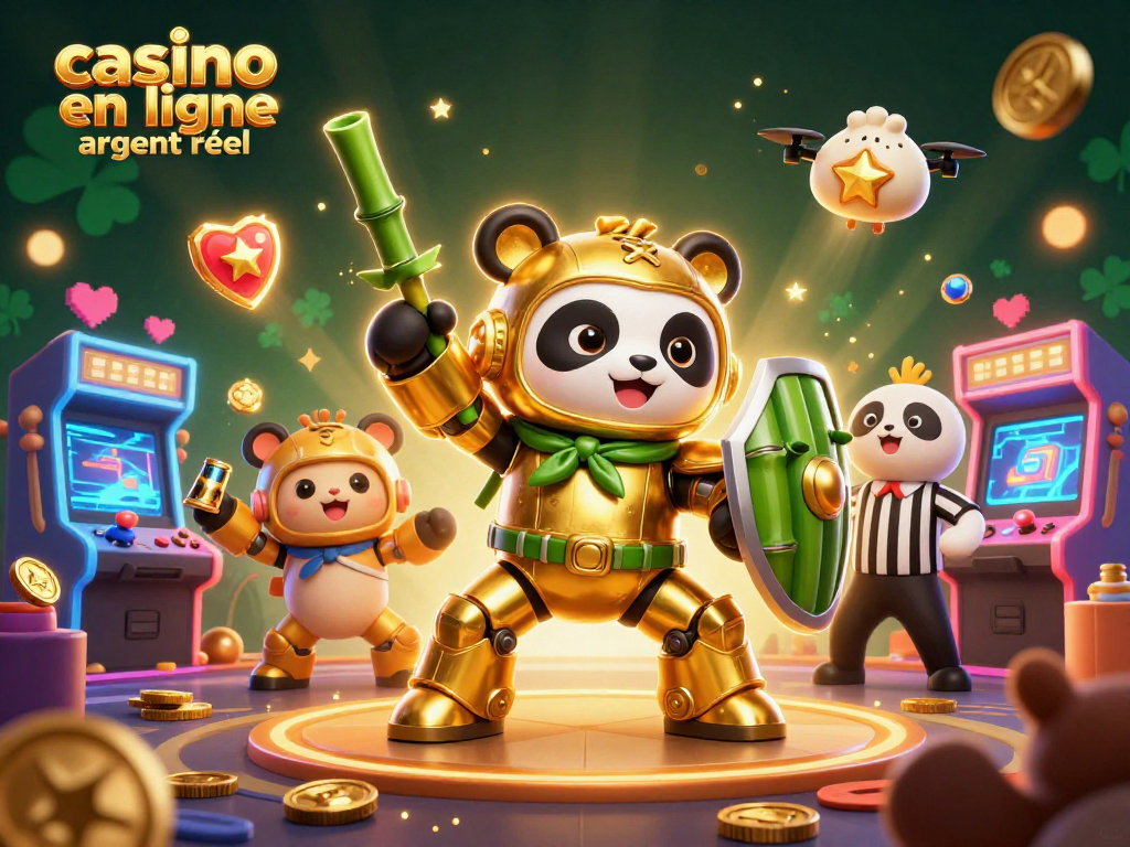 Pariez au casino en ligne argent réel avec une illustration colorée et dynamique des jeux d'arcade.