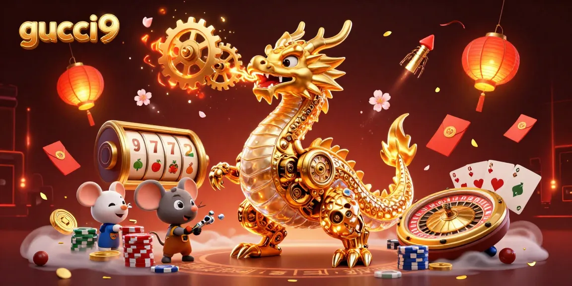 Join the excitement of gucci9 as a golden dragon unleashes winning spins in a vibrant casino scene.