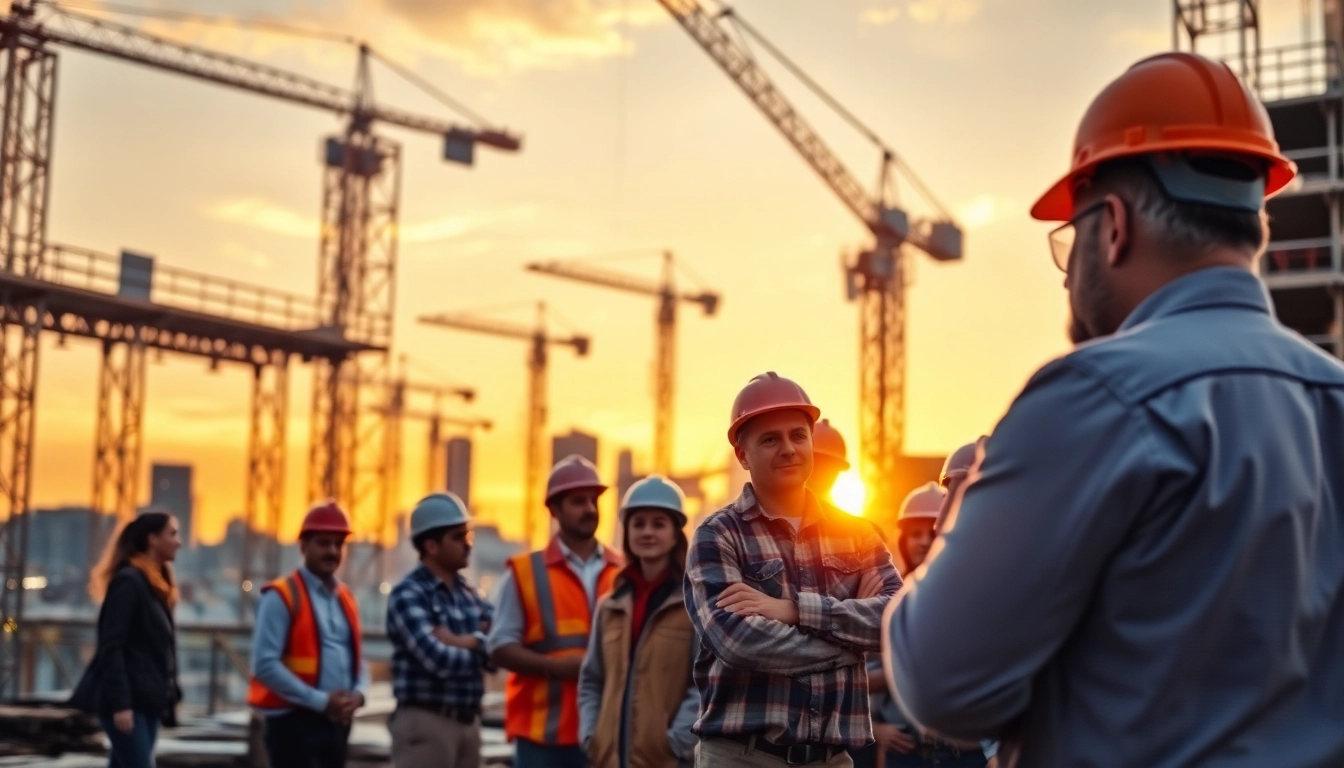 New York General Contractor supervising a construction site with a diverse team at sunset.