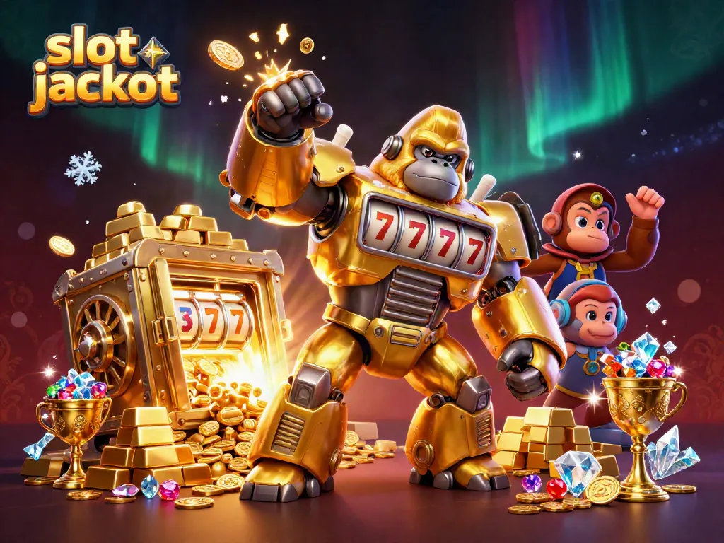 Menangkan slot jackpot dengan gorila emas dan harta karun yang berkilauan dalam ilustrasi 3D.