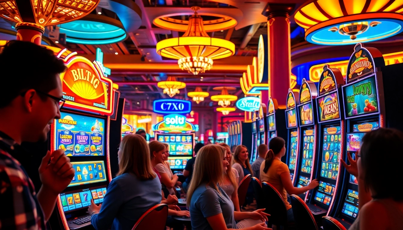 Engage in slot gambling with vibrant machines and enthusiastic players in a lively casino atmosphere.