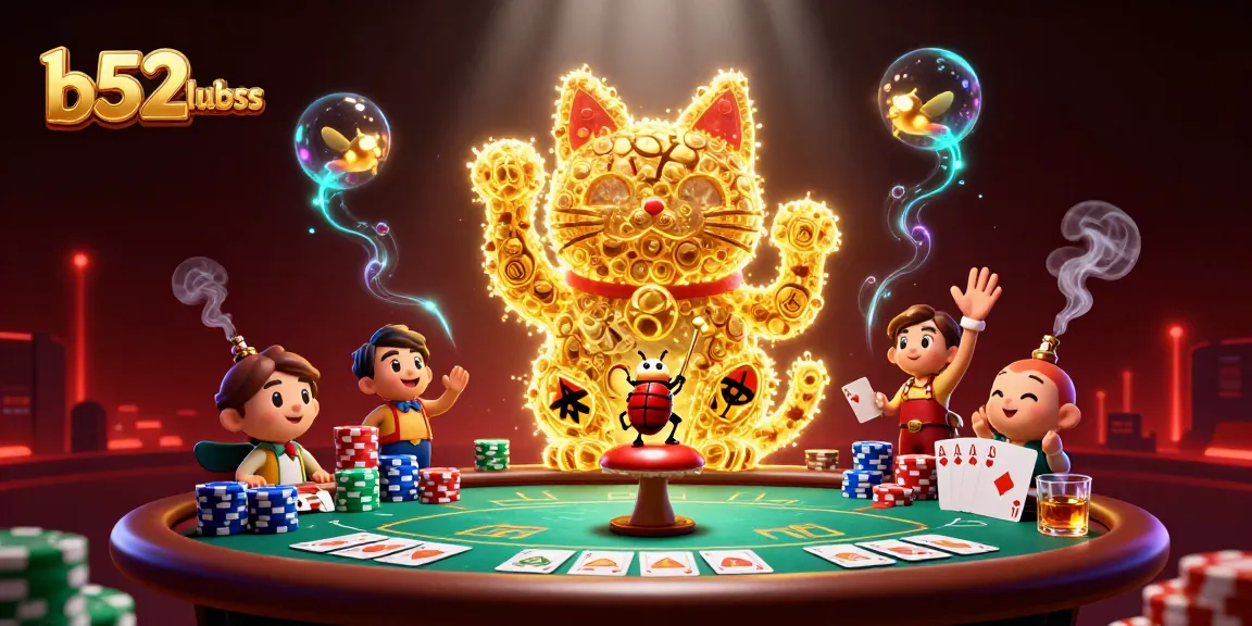 Engage in thrilling gaming at b52clubss with 3D lucky cat waving among vibrant casino symbols.
