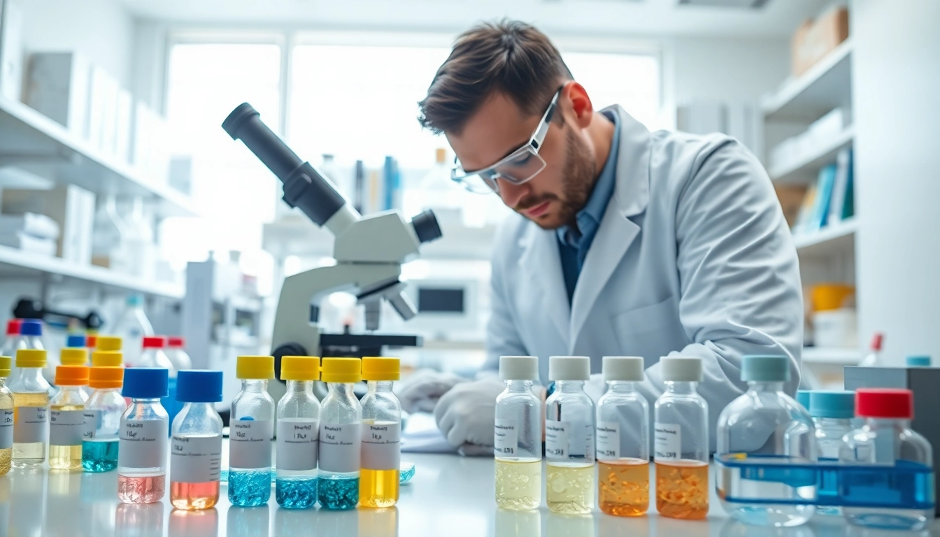 Explore peptides for sale in a vibrant laboratory setting with researchers examining samples.