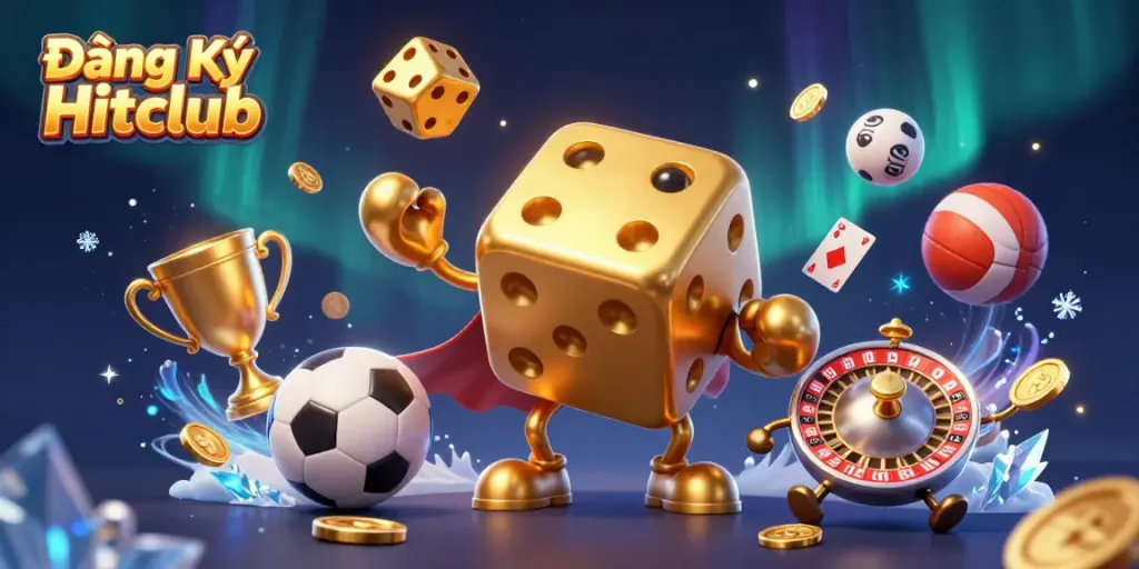 Join the excitement of Đăng Ký Hitclub with golden dice, vibrant game elements, and dynamic motion.