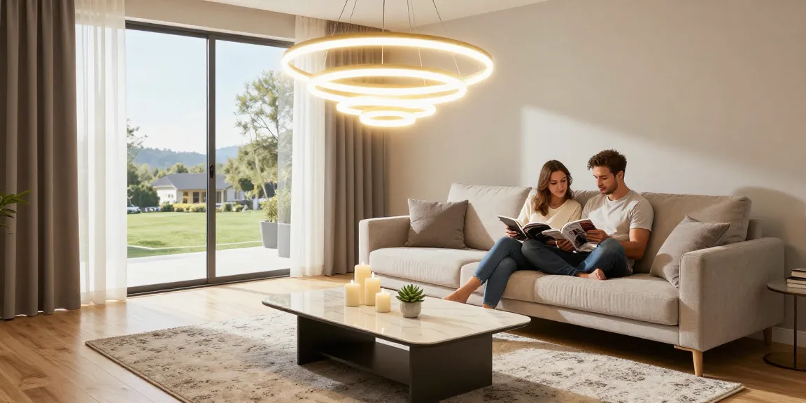 Lustra LED elegantă iluminând un living modern cu decor contemporan.