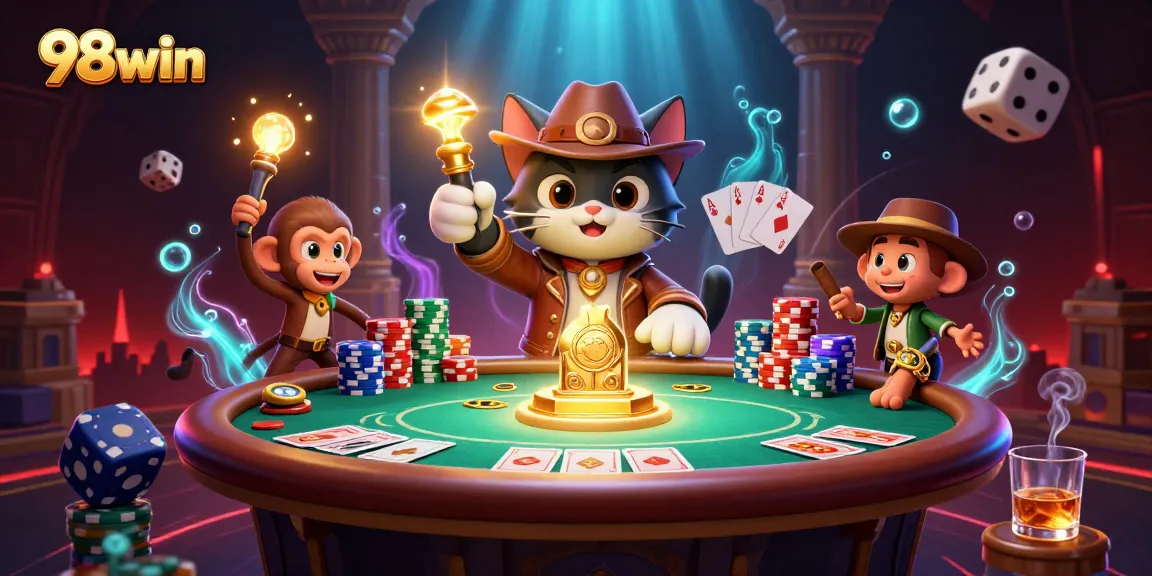 Experience thrilling gaming adventures at 98win with vibrant poker elements and explorers in action.