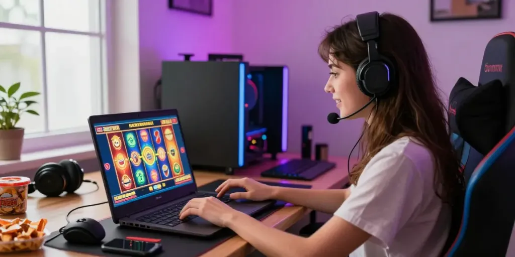 Woman enjoying slot online gaming on her laptop in a vibrant home setup.