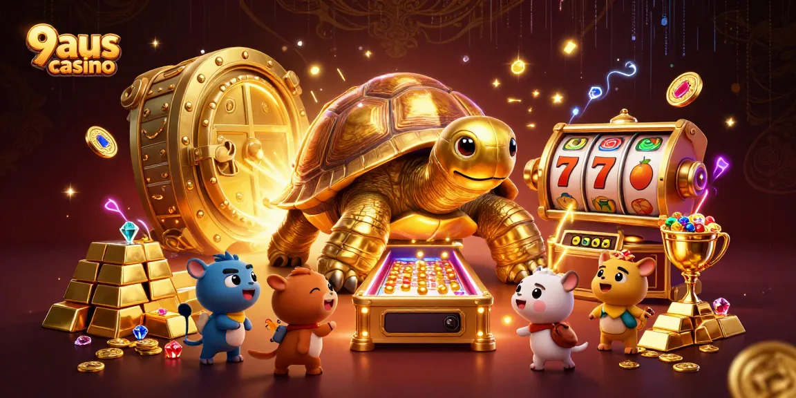 Experience the vibrant 9aus casino with a golden tortoise pinball machine surrounded by treasures and excitement.