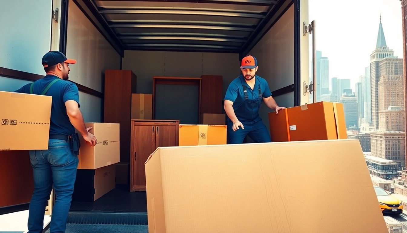 Movers from Clean Cut Movers NYC load furniture into a truck against the NYC skyline.
