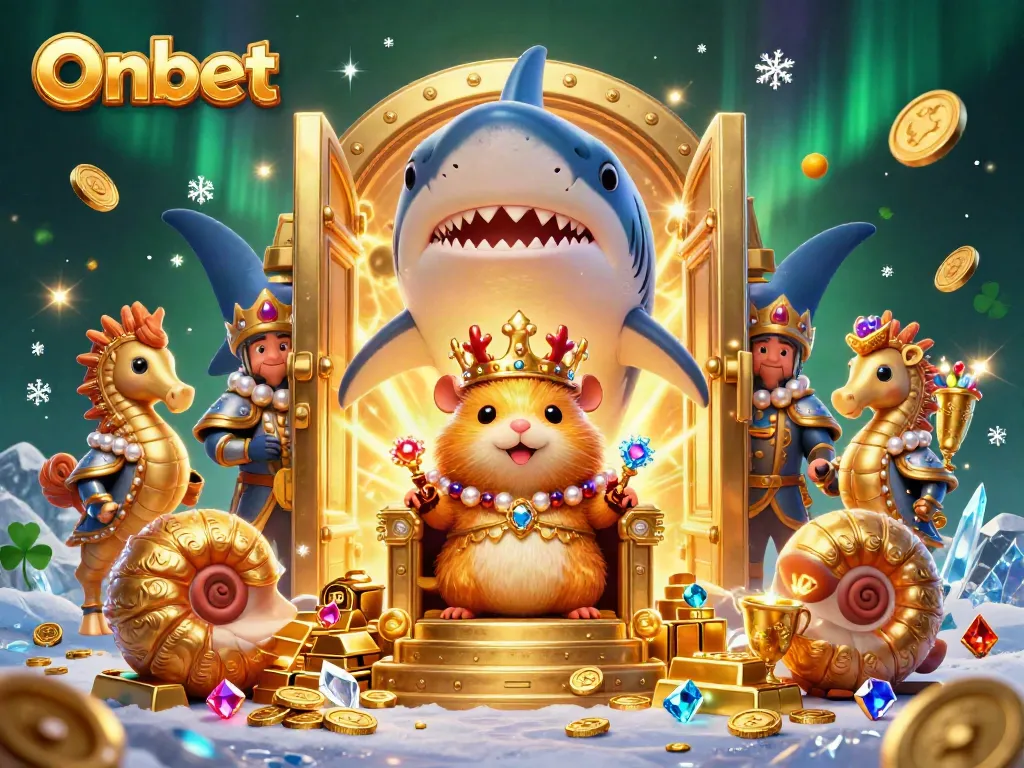 Experience Onbet's golden treasures in this vibrant 3D scene showcasing a hamster king with dazzling gems and slot machine symbols.