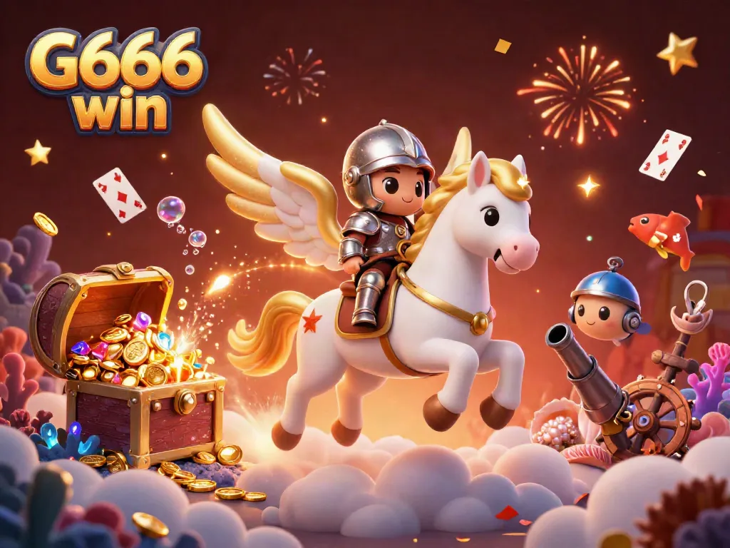 Experience the excitement of G666 win with a knight on a celestial horse amidst magical gambling elements.