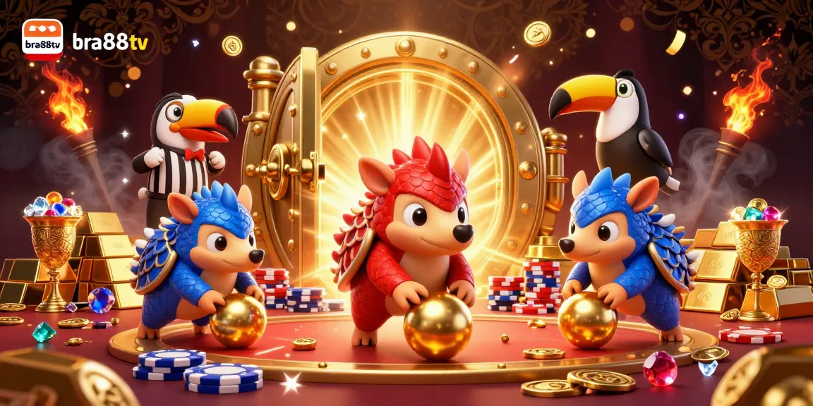 Rolling jackpots with bra88tv as pangolins bowl through poker chips in vibrant casino scene.