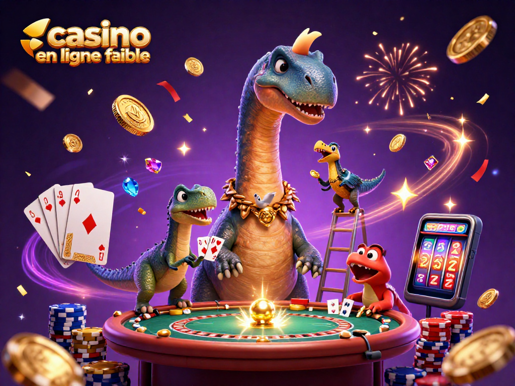 Illustration colorée de casino en ligne fiable avec des personnages animés et des éléments de jeu.