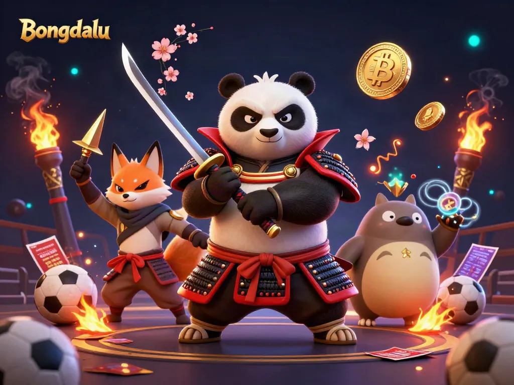 Bongdalu features a samurai panda and ninja fox showcasing sports betting excitement in a vibrant scene.