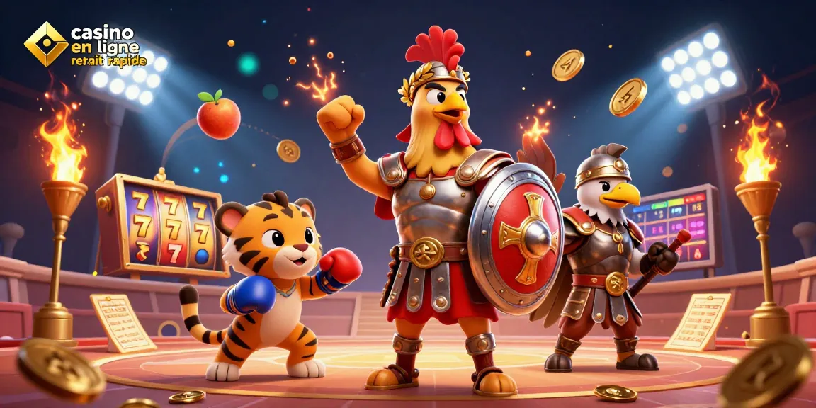 Un coq gladiateur dans une arène, créant un casino en ligne retrait rapide plein de détails.
