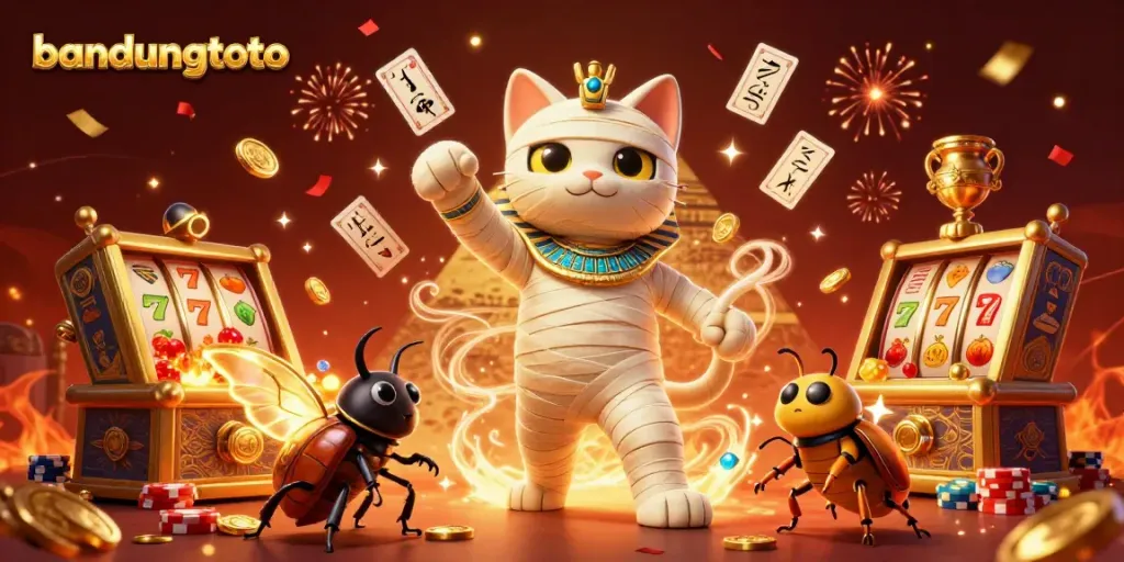 Experience bandungtoto excitement with a mummy cat, golden sarcophagus, and floating playing cards.