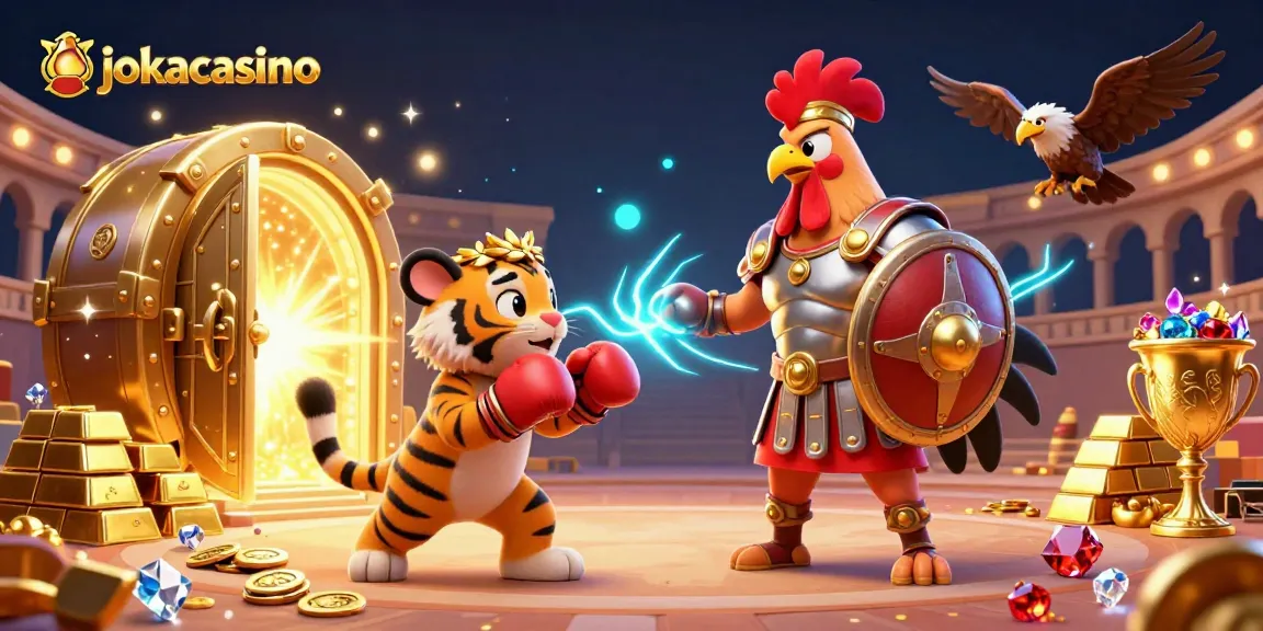 Experience the thrill at jokacasino with vibrant characters and golden treasures in a dynamic 3D scene.