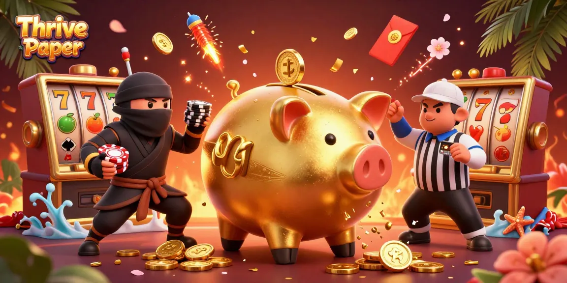 Engage with Thrive Paper's vibrant gambling scene featuring a golden sumo wrestler and ninja characters in action.