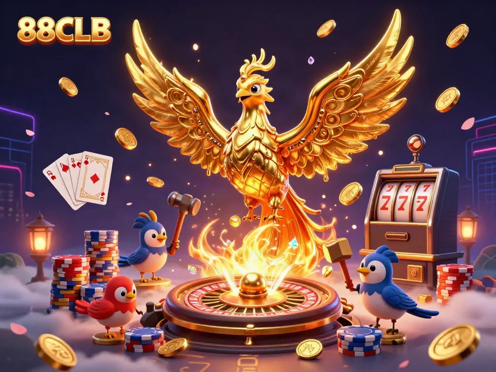 Experience the thrill of 88CLB with a vibrant scene featuring a golden phoenix and casino elements.