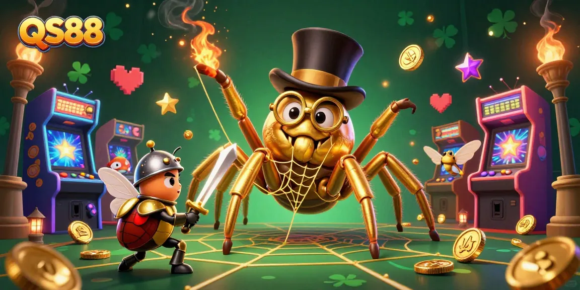 Experience the excitement at QS88 casino with a golden tarantula, beetle knight, and arcade elements.