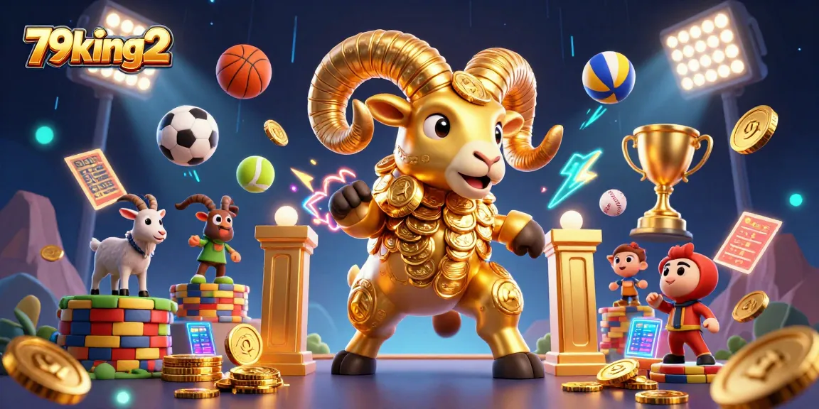 Experience the thrill of 79king2 with dynamic sports betting action featuring a golden ram and flying sports balls.