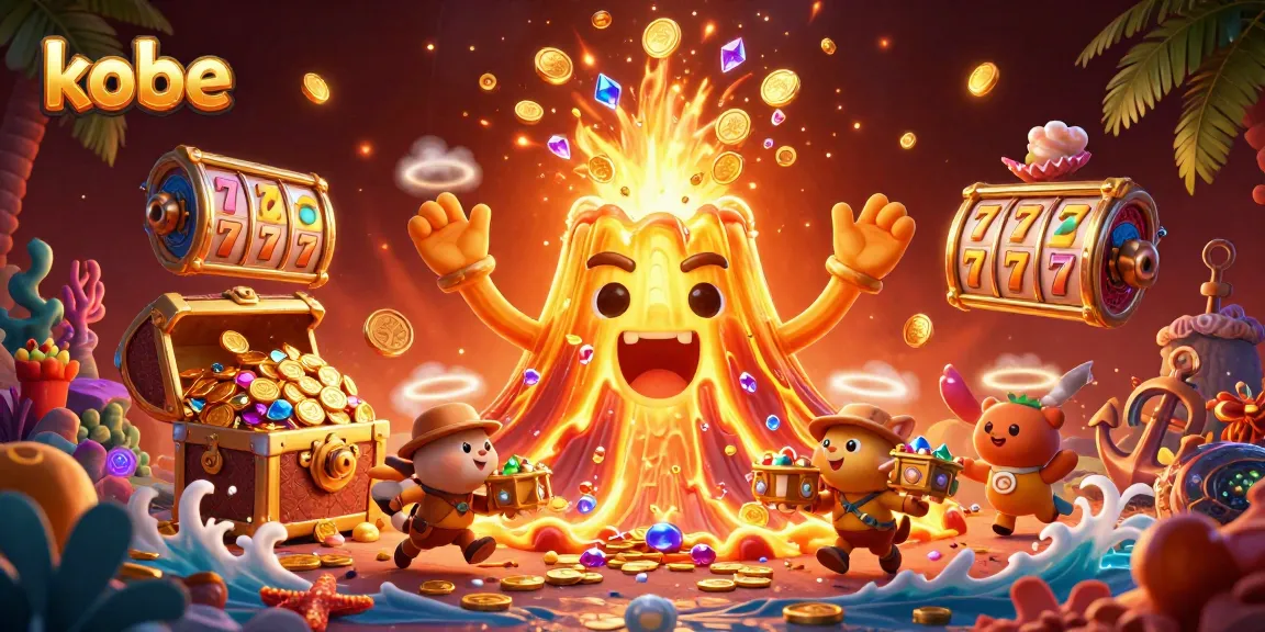 Kobe slots come alive with gold coins and gems in this vibrant 3D casino scene.