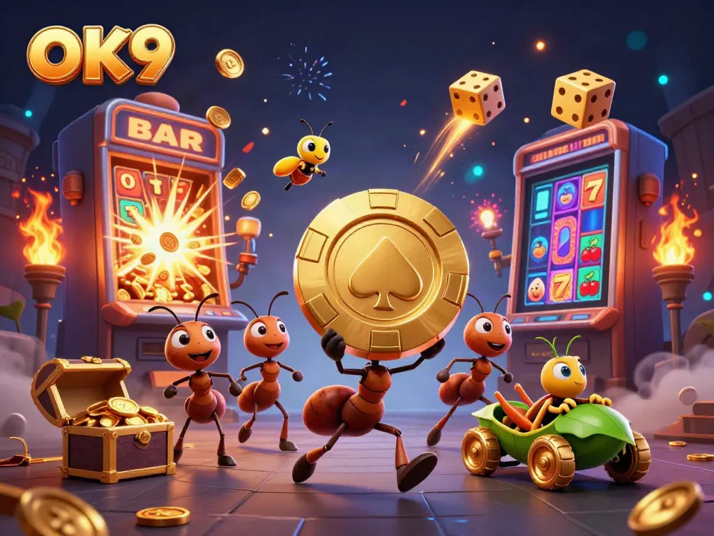 OK9 ants carrying a giant poker chip amidst casino elements, showcasing a dynamic heist scene.