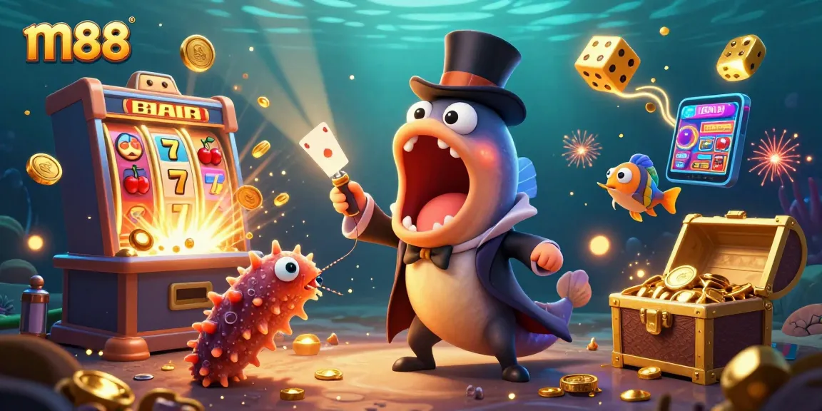 Engaging m88 scene showcasing a deep-sea gulper eel performing card tricks amidst a vibrant casino atmosphere.