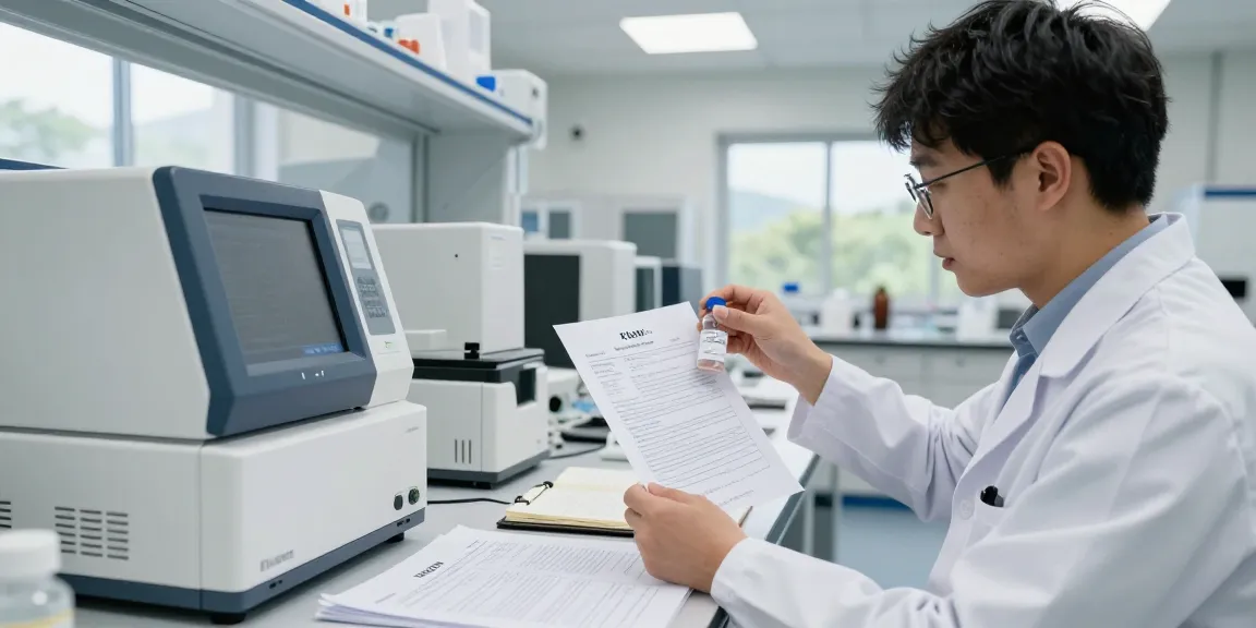 Scientist analyzing COA-documented peptide stack in a laboratory setting