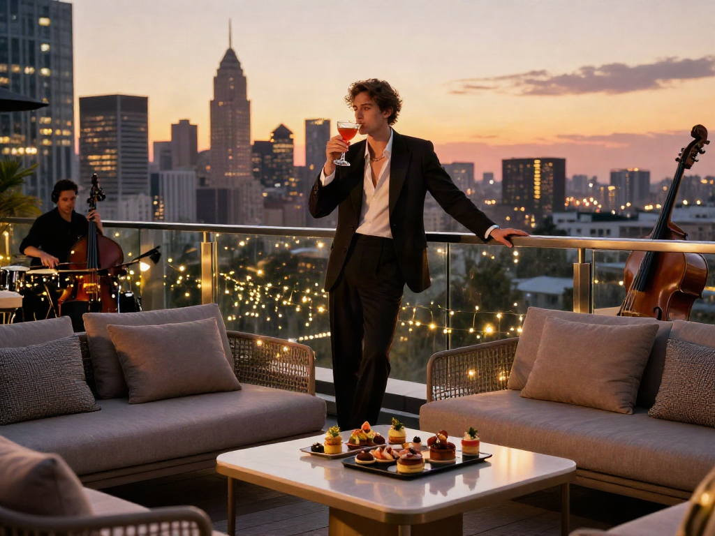 Gaya hidup mewah di rooftop urban dengan pemandangan mewah luxury111 yang memukau.