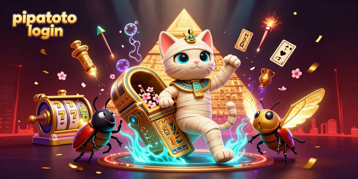 Experience the thrill of gaming at pipatoto login with a dynamic illustration of a mummy cat and casino elements.