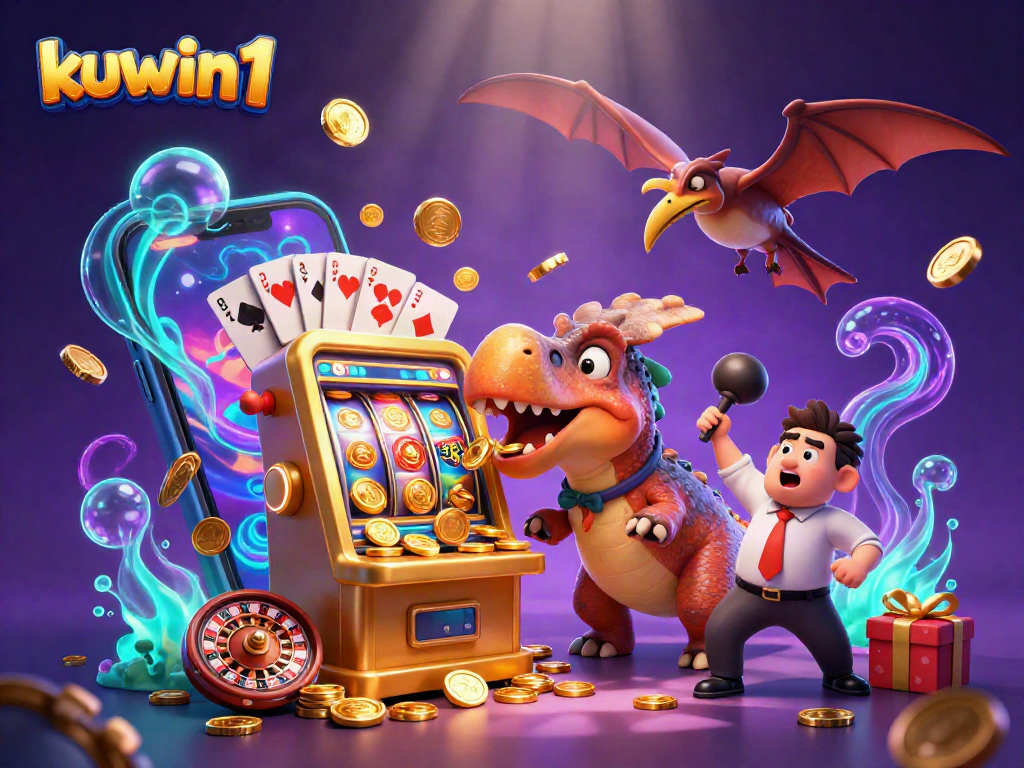 Kuwin1 jackpot scene with a dinosaur winning coins from a slot machine in a vibrant casino