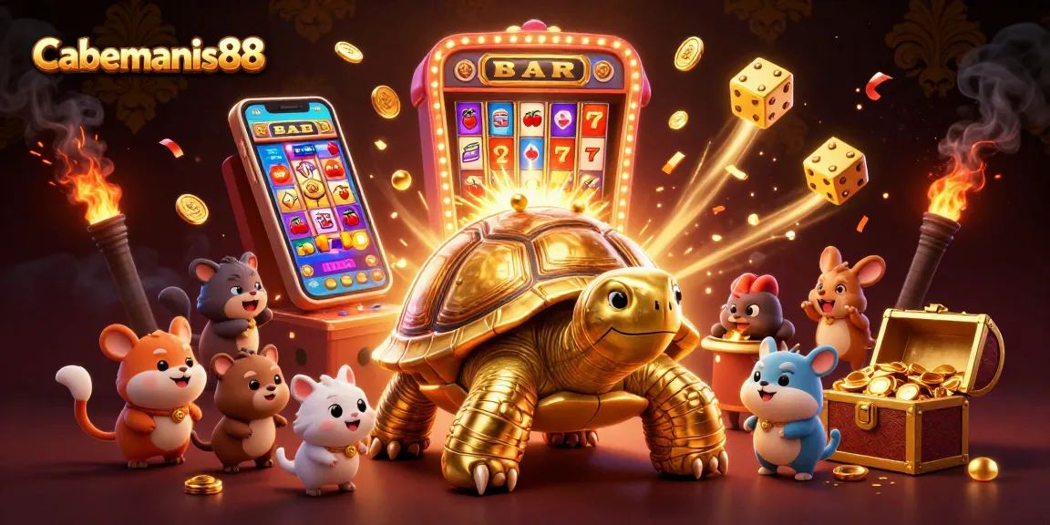Play thrilling games at Cabemanis88 with an exciting casino scene featuring a jackpot explosion and fun characters.