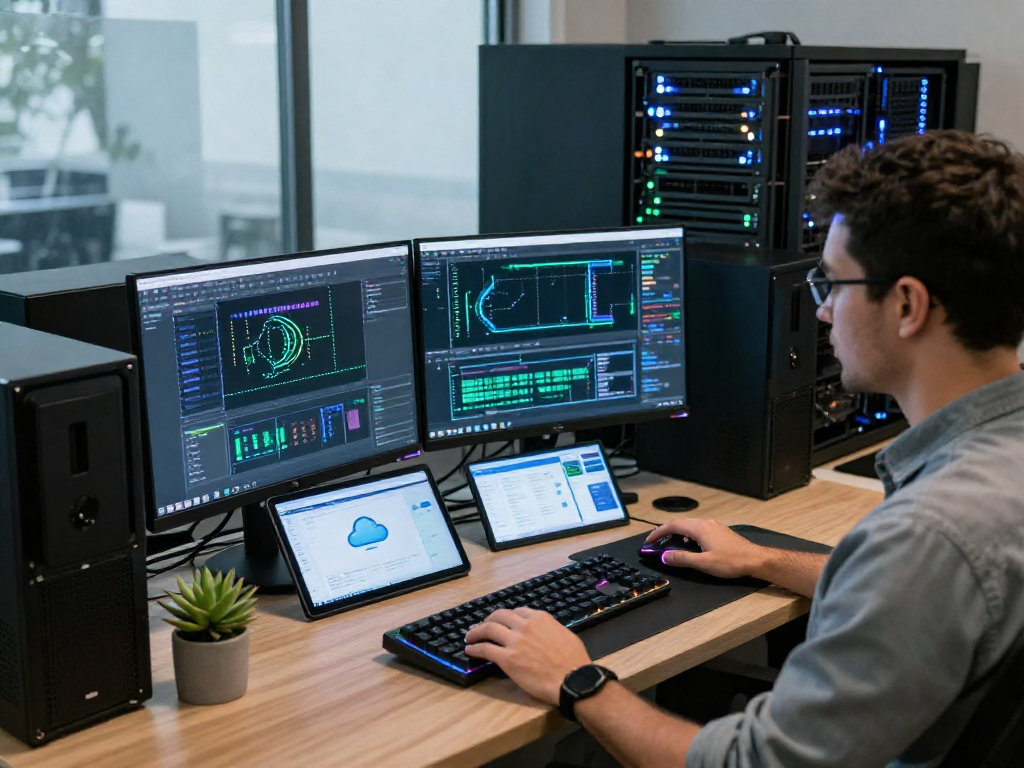 Entorno de VPS hosting con técnico de TI trabajando en múltiples pantallas en oficina moderna.
