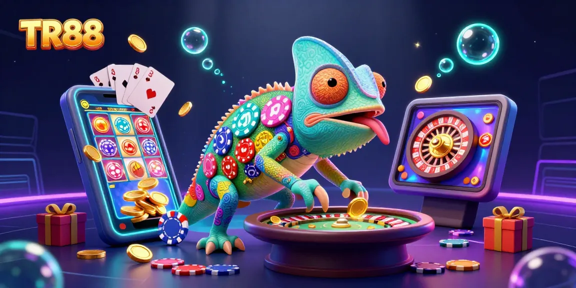 Experience gaming excitement at TR88 with a lively chameleon casino owner amidst dynamic slot games and poker action.