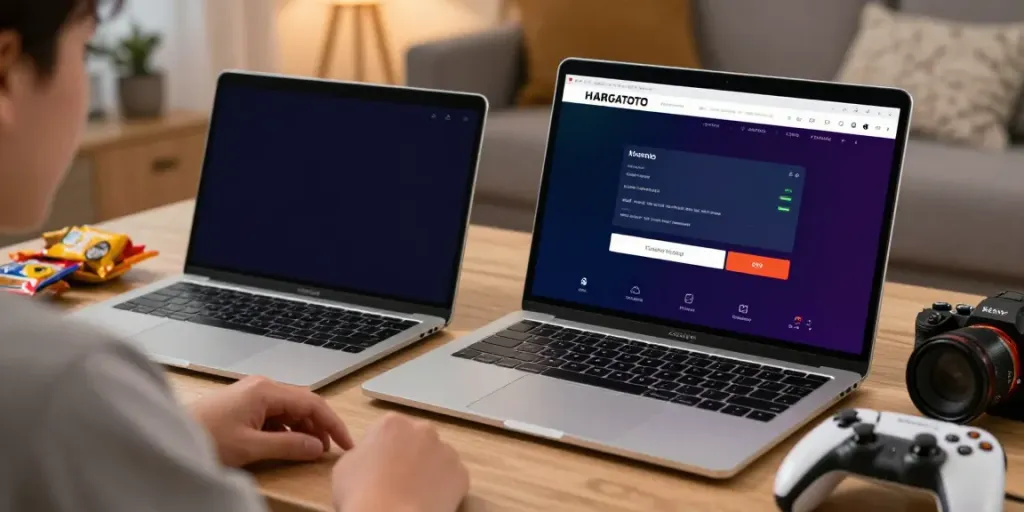 User engaging with HARGATOTO online gaming interface on a laptop in cozy home setup.