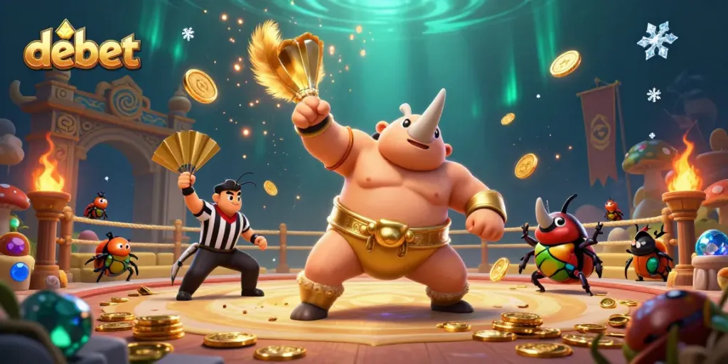 Experience the thrilling debet gameplay with the sumo champion beetle sending gold coins flying in an exciting 3D scene.